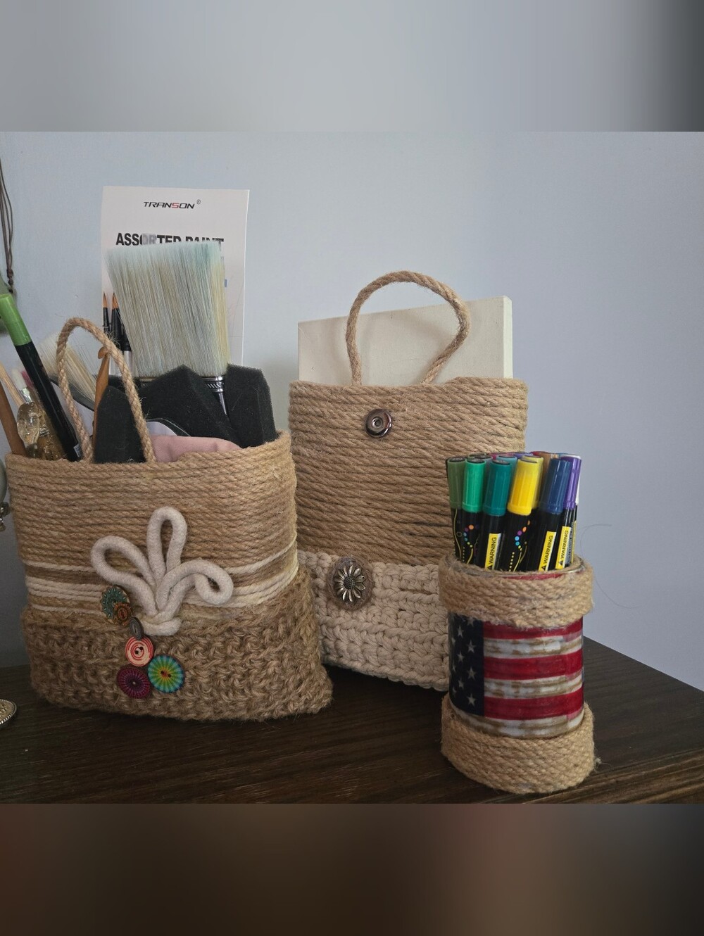 Natural Jute Rope Desk Organizer Set — Rustic Brown Home Storage